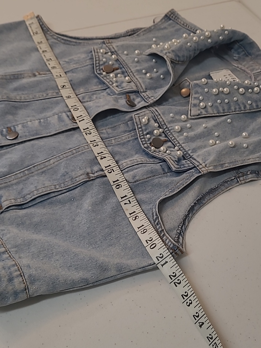 Ci Sono Light Wash Pearl-Studded Denim Vest Sleeveless Four Pocket Sz XL - Picture 8 of 13